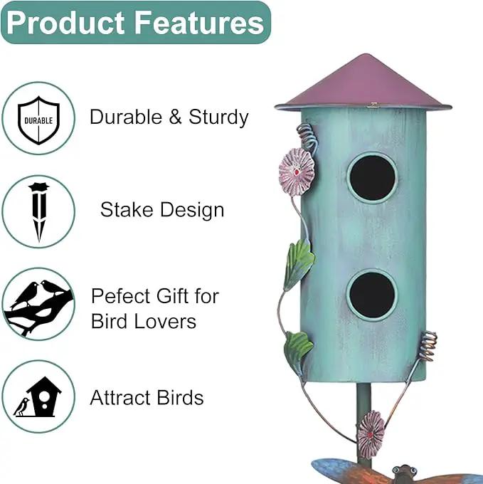 BAYN 57” Bird Houses Stake for Outside, Metal Wild Bird Feeder Double-Hole Birdhouse Stake with Cylinders Design Outdoor Decorations for Patio, Backyard, Garden by GreenHaven Gardens