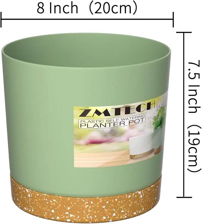 ZMTECH Plant Pots, Set of 3 8'' Self Watering Plastic Planter with Drainage Hole and Saucer, Modern Decorative Flower Pot for Indoor Outdoor House Plants, Succulents, Flowers - Green by GreenHaven Gardens