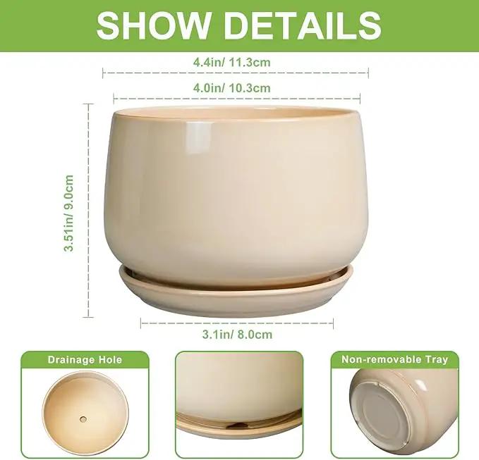 G EPGardening 4 inch Plant Pots - Ceramic Planter with Drainage Hole & Saucer, Small Plant Pots for Indoor Outdoor, Round Succulent Pot, Modern Decorative Flower Pot, Desk Decor, Garden Gifts, Beige by GreenHaven Gardens