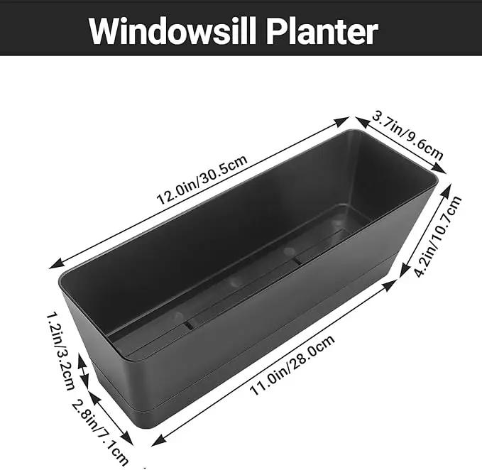 GREANER 6 Pack Herb Planters, 12x3.8 Inch Black Rectangle Window Boxes with Tray, Indoor Succulent Cactus Mint Plastic Pot for Windowsill, Balcony, Office, Outdoor Garden by GreenHaven Gardens