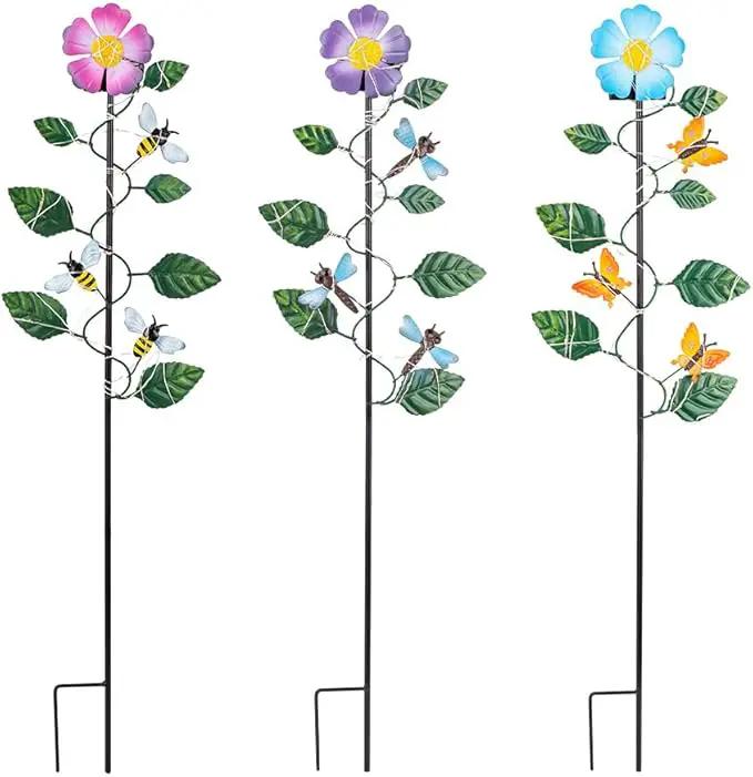 Set of 3 Solar Garden Lights,23'' H Flowers＆Insect Decorative Garden Stakes,Waterproof Metal Spring Yard Art Decor,Solar Stake Lights for Outside,Lawn,Yard,Patio by GreenHaven Gardens