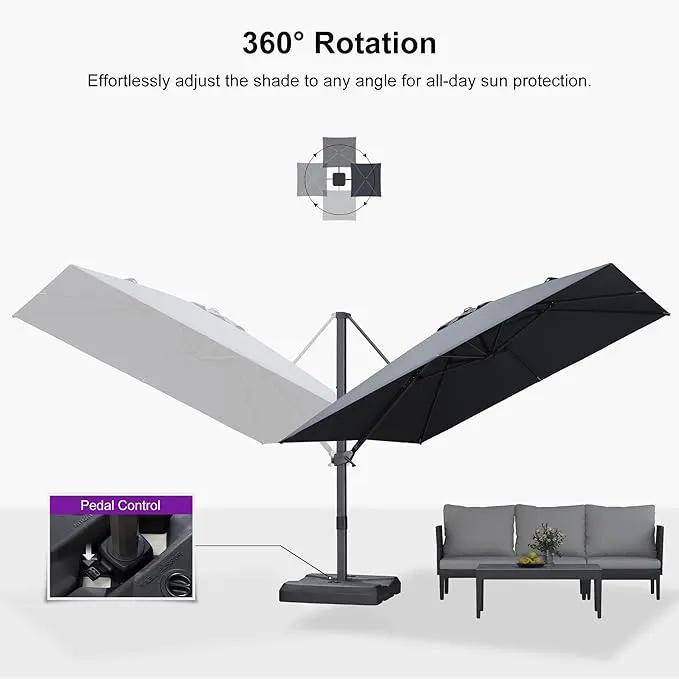 PURPLE LEAF 10' × 10' Patio Cantilever Umbrella with Base Outdoor Square Adjustable Offset Umbrellas with 360-degree Rotation and 8 Heavy Duty Metal Ribs for Garden Deck Pool Grey by GreenHaven Gardens