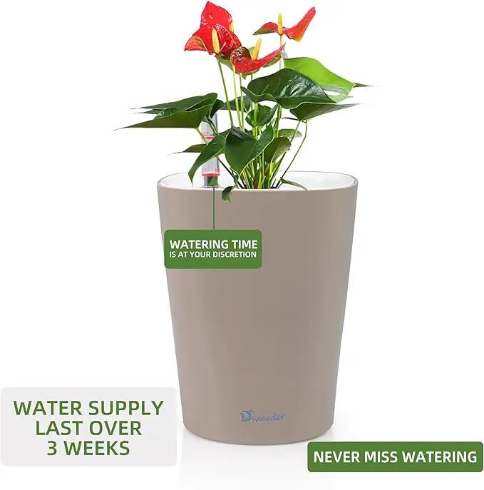 Dexceder 6x7 Self Watering Planter Indoor Outdoor, High Gloss Table Flower Plant Pot with Water Level Indicator (Taupe) by GreenHaven Gardens