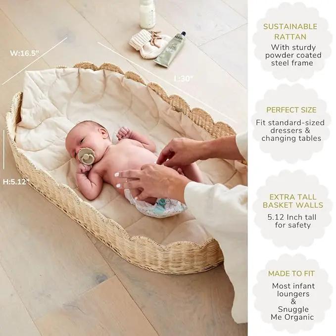 Bebe Bask Premium Baby Changing Basket - Artisan-Crafted Scalloped Rattan - Changing Basket for Baby Dresser - All Accessories Included - Complete Set for Nursery (Natural) by GreenHaven Gardens