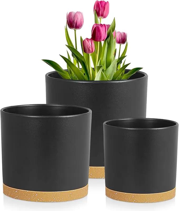 8/7/6 inch Flower Pots, 3 Pack Cylinder Plant Pots for Outdoor Indoor Plants, Decorative Plastic Planters with Drainage Holes and Saucers for Garden House Plants, Black with Brown by GreenHaven Gardens