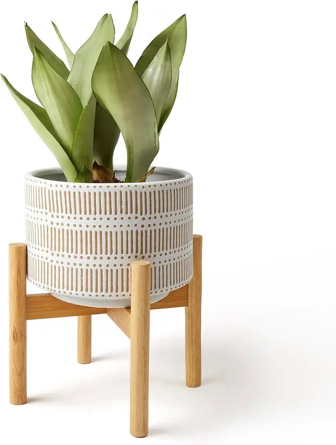 LA JOLIE MUSE Ceramic Plant Pot with Wood Stand - 9.4 Inch Modern Round Decorative Flower Pot Indoor with Wood Planter Holder, Beige & White by GreenHaven Gardens