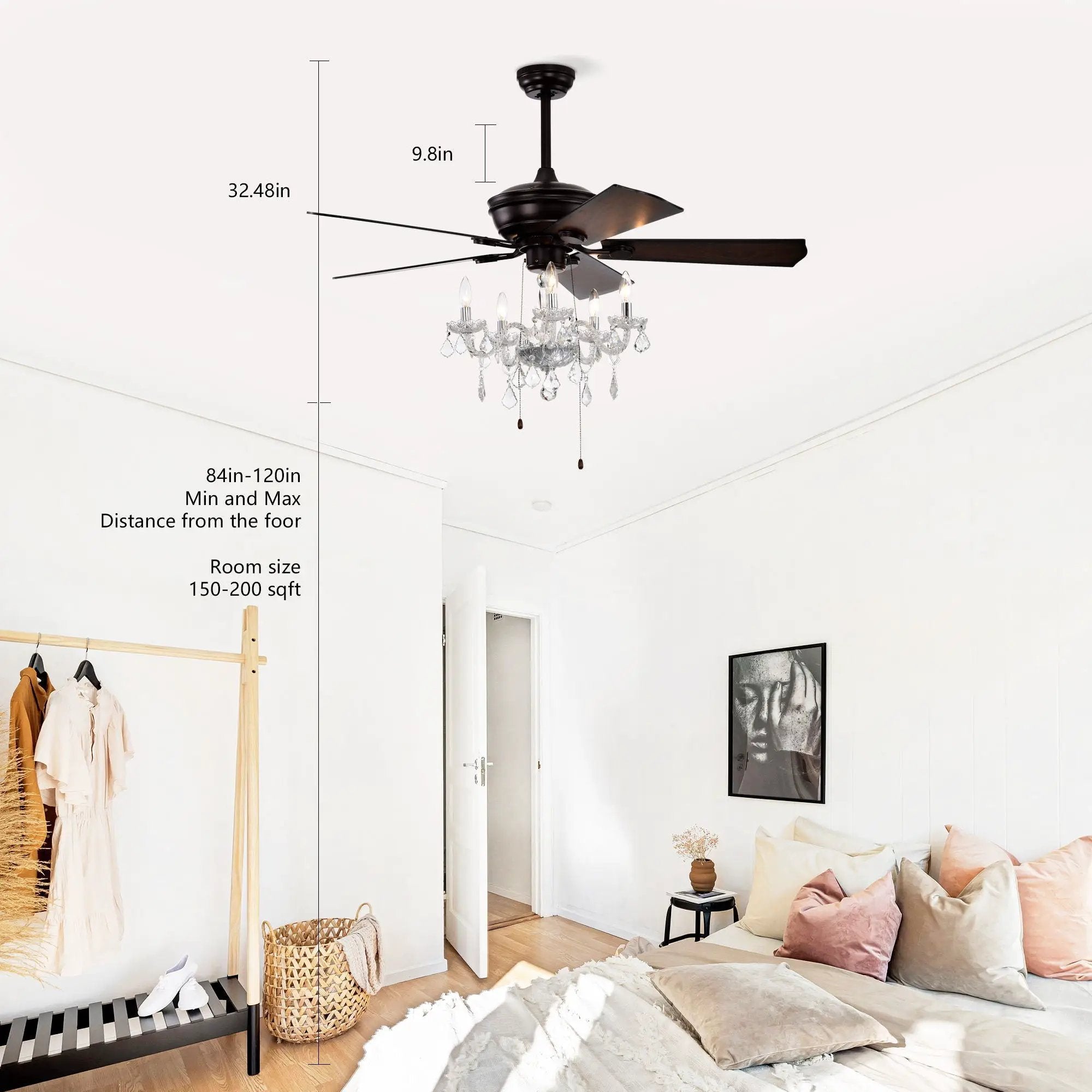 52" Crystal Shade Ceiling Fan Lamp, 3 Speed, 4 Timing, 5 Reversible Blades Crystal Ceiling Fan, 5 Pieces X E12 (No Include Bulb), Hand Pull Chain - Matte Black by HouseOfZazla