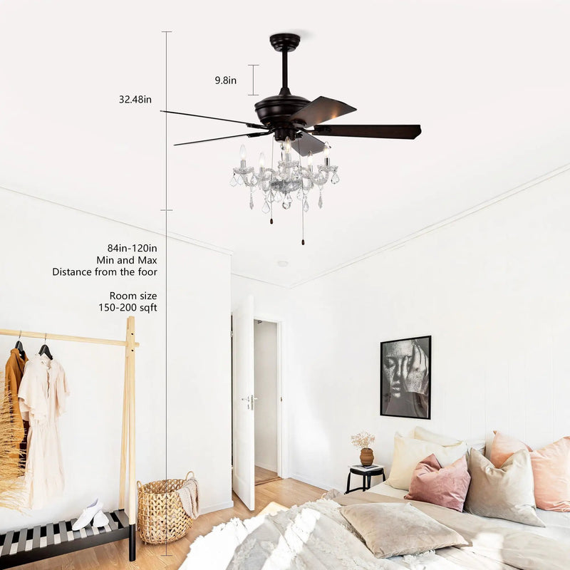 52" Crystal Shade Ceiling Fan Lamp, 3 Speed, 4 Timing, 5 Reversible Blades Crystal Ceiling Fan, 5 Pieces X E12 (No Include Bulb), Hand Pull Chain - Matte Black by HouseOfZazla