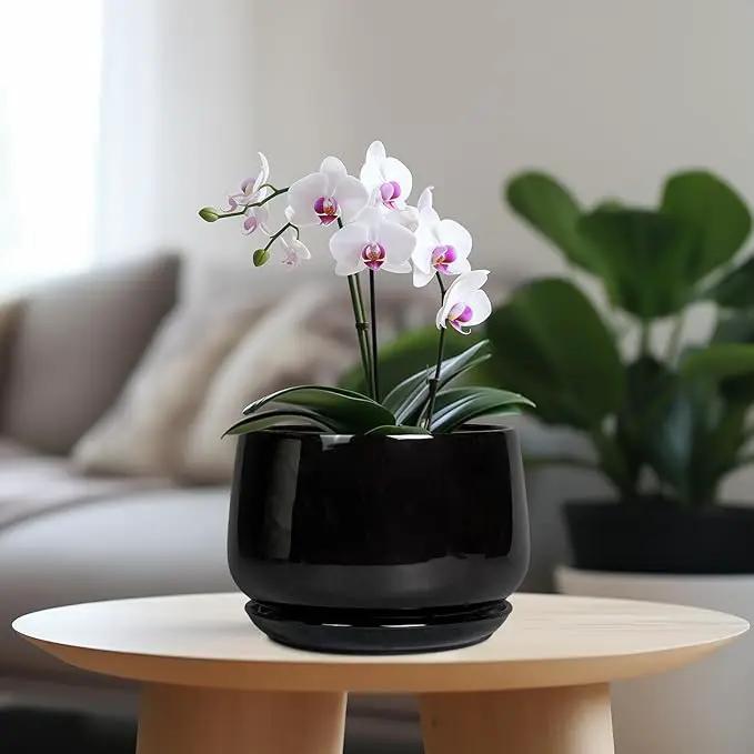 G EPGardening Ceramic Planter 7 Inch - Ceramic Pot for Plants with Drainage and Saucer, Round Plant Pots, Modern Indoor Outdoor Planter, Home Decor, Garden Gifts, Black by GreenHaven Gardens