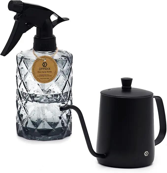 OFFIDIX Watering Can for Indoor Plants,Long Spout Metal Stainless Steel 21 oz/600 ml Watering Can with 14 oz/400ml Glass Plant Mister Spray Bottle for Plant Bonsai by GreenHaven Gardens