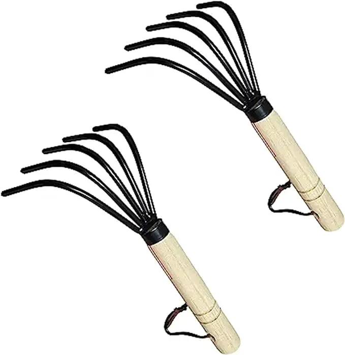 Garden Guru Hand Rake Cultivator Claw Soil Tiller - Military Grade Steel - Rust Resistant - 5 Tine Japanese Ninja Claw - Comfortable Wood Handle - Perfect Pulverized and Aerated Soil (2 Pack) by GreenHaven Gardens