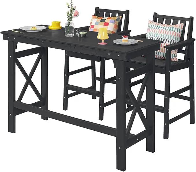 3 Pieces HDPE Outdoor Bar Table and Chairs Set, Tall Adirondack Chairs Set of 2 with Rectangular Bar Table, Patio Bar Stools Set, HDPE Outdoor Patio Bar Set for Balcony, Porch, Deck, Obsidian by GreenHaven Gardens