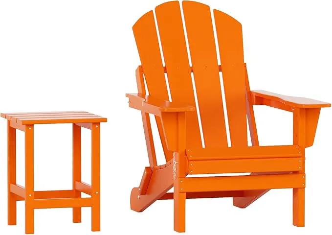 WO Home Furniture Adirondack Chair Table Set of 2 PCS Outdoor Folding Chair w Side Table Weather/UV Resistant for Lawn, Garden, Bon Fire, Balcony (Orange) by GreenHaven Gardens