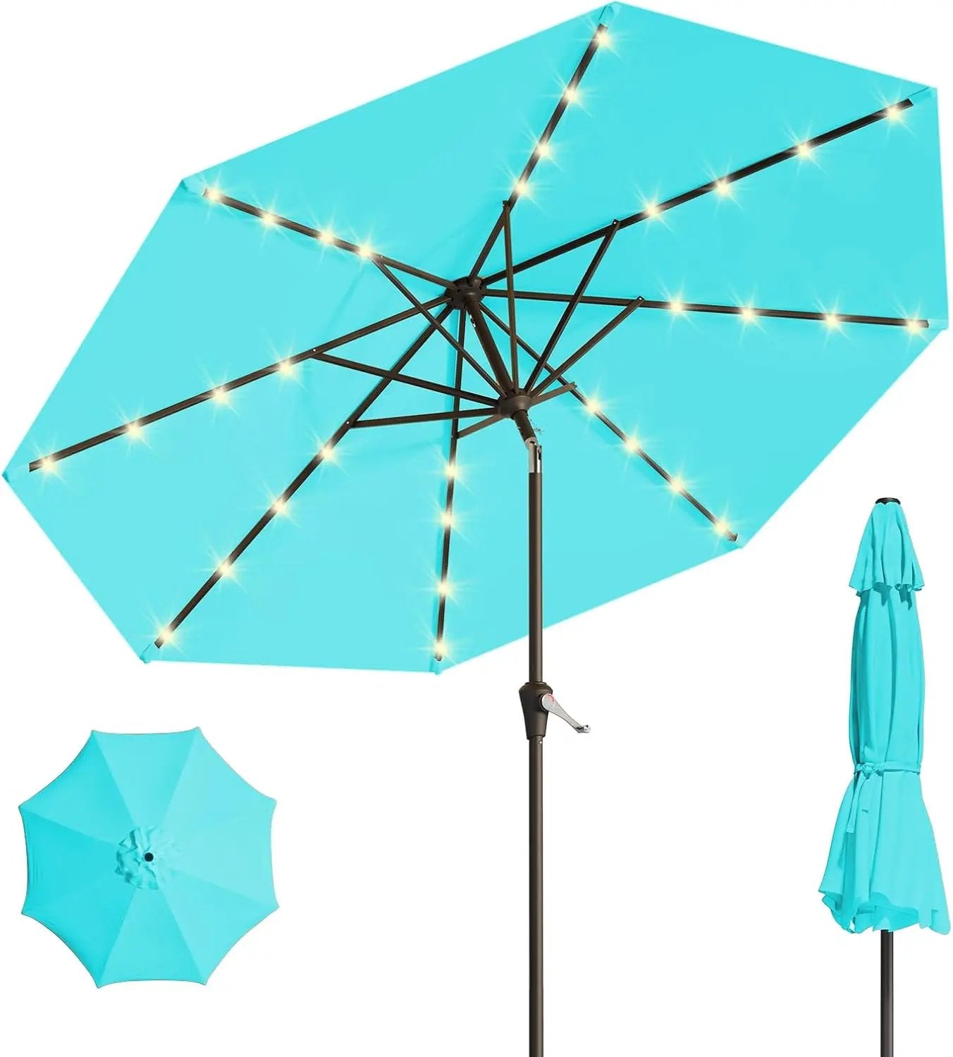 9FT Solar Umbrella 32 LED Lighted Patio Umbrella Table Market Umbrella w/Tilt and Crank, UV-Resistant Outdoor Umbrella for Pool, Garden, Deck, Aqua Blue by GreenHaven Gardens