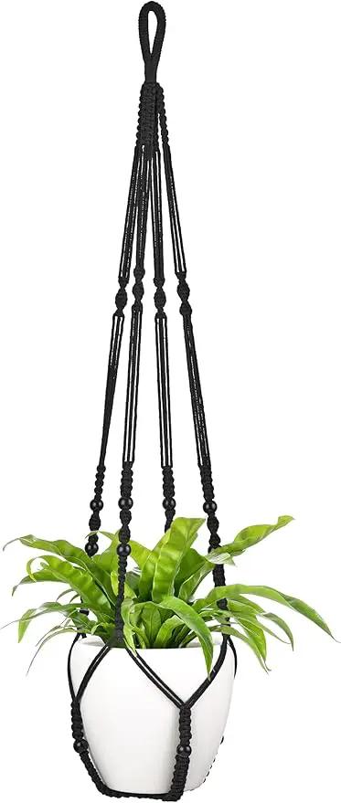 Mkono 43 Inch Macrame Plant Hanger Large for up to 12 Inch Pot Extra Long Hanging Plant Holder No Tassels Hanging Planter Basket with Wood Beads for Indoor Outdoor Boho Home Decor, Black by GreenHaven Gardens