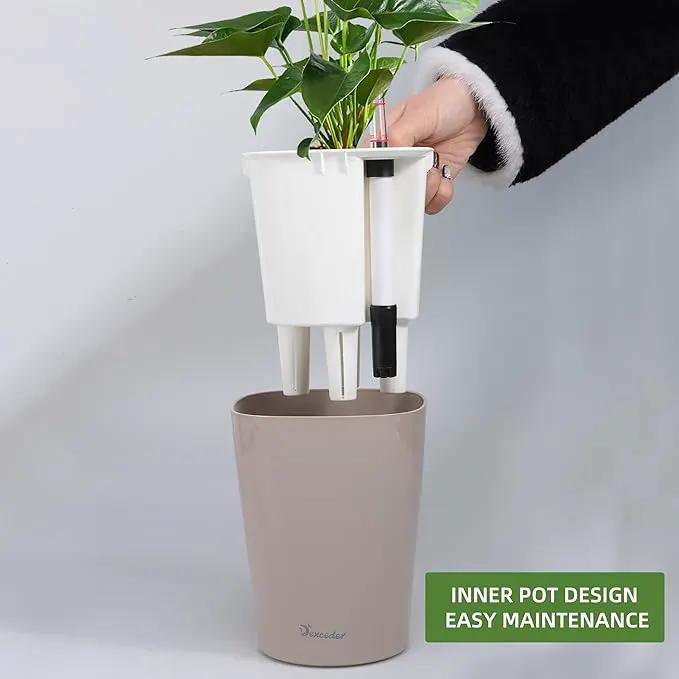 Dexceder 6x7 Self Watering Planter Indoor Outdoor, High Gloss Table Flower Plant Pot with Water Level Indicator (Taupe)