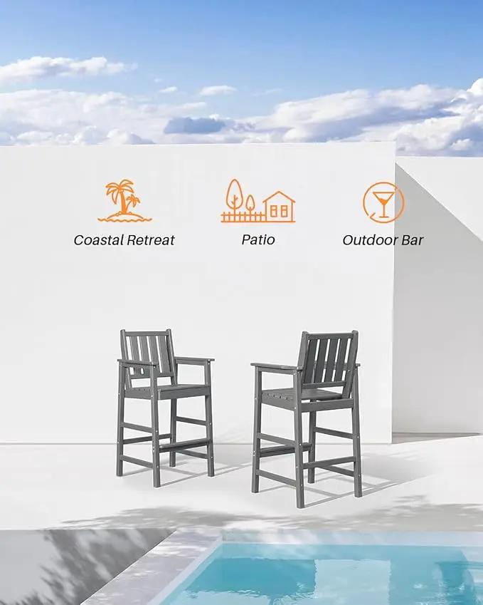 3 Pieces HDPE Outdoor Patio Bar Set, Rectangular Bar Height Table and Chairs Set, Patio Bar Stools Set, HDPE Outdoor Bar Table and Chairs Set for Balcony, Poolside, Porch, Smoke Gray by GreenHaven Gardens