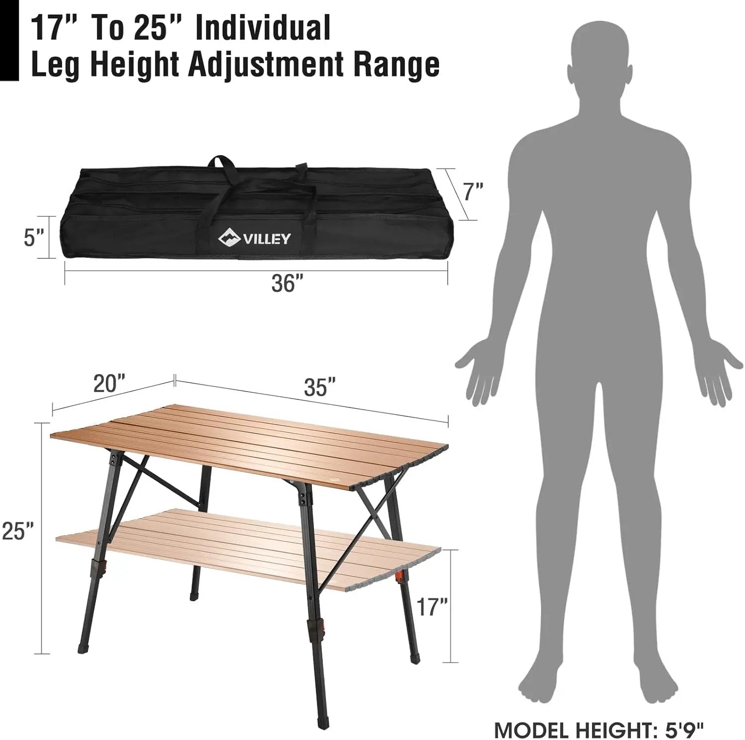 VILLEY Portable Camping Table with Adjustable Legs, Lightweight Aluminum Folding Beach Table with Carrying Bag for Outdoor Cooking, Picnic, Beach, Backyards, BBQ and Party by GreenHaven Gardens