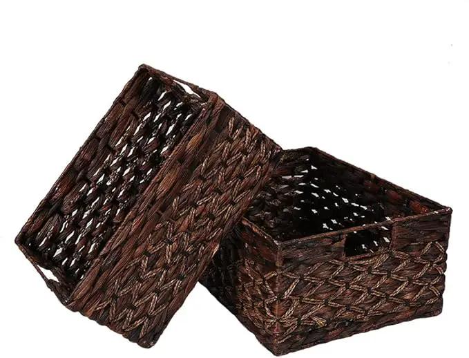 Rectangular Woven Water Hyacinth Basket,Dark Storage Basket With Inside Handle Shelves Kitchen Office Desk (Set of 2) by GreenHaven Gardens
