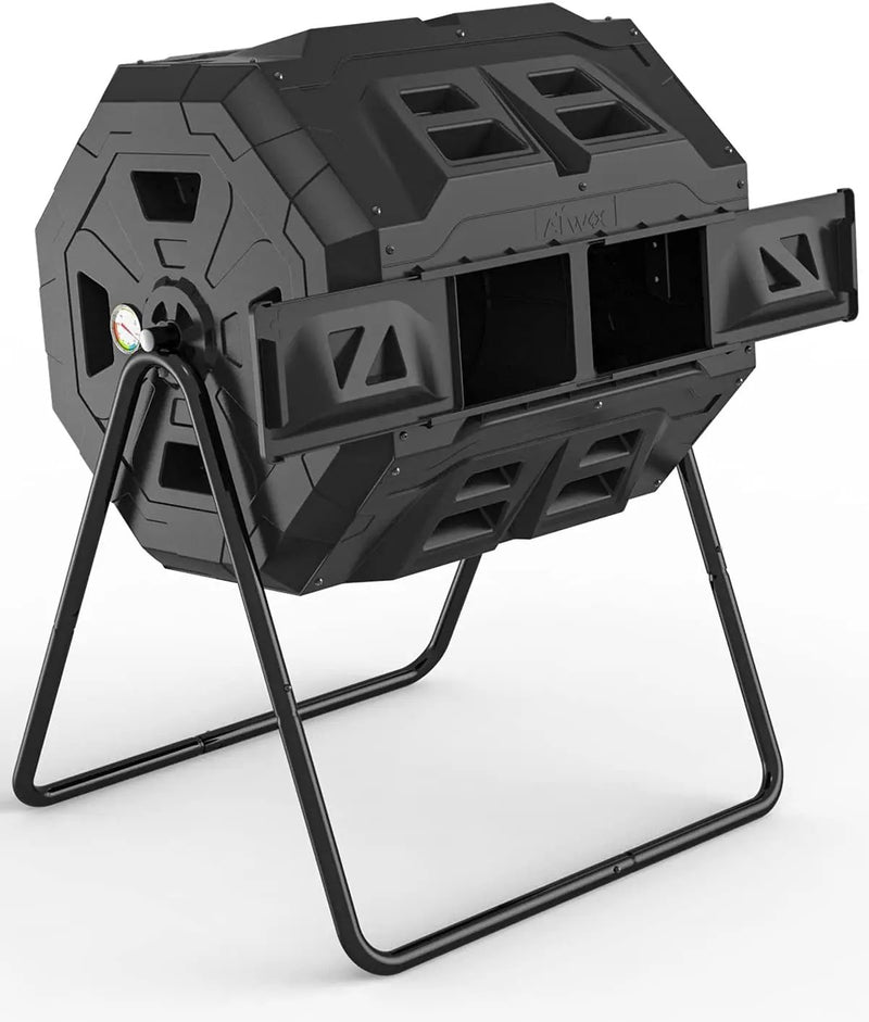 2021 Upgraded Tumbling Composter with Compost Thermometer - Dual Chamber Garden Compost Bin(43 Gal, Black) by GreenHaven Gardens