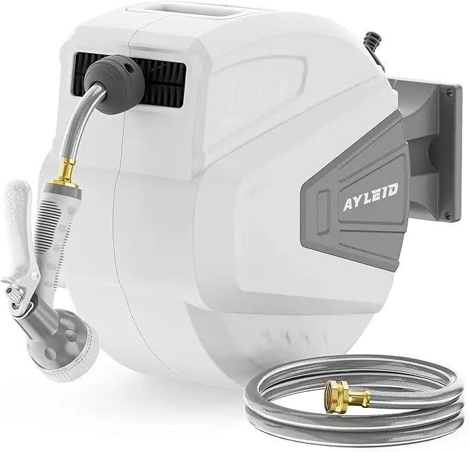 Ayleid Retractable Garden Hose Reel,1/2 in x 65 ft Wall Mounted Hose Reel, with 9- Function Sprayer Nozzle, Any Length Lock/Slow Return System/Wall Mounted/180°Swivel Bracket (Grey) by GreenHaven Gardens