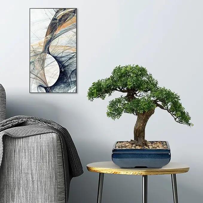 Artificial Bonsai Tree Juniper Faux Plants Indoor Fake Plants Decor with Blue Square Ceramic Pots for Home Table Office Desk Bathroom Shelf Bedroom Living Room Farmhouse Decorations by GreenHaven Gardens