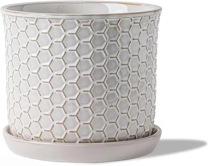 5.8 Inch Plant Pot: Ceramic Planter with Drainage Hole & Saucer - Flowerpot for Indoor & Outdoor Plants with Separate Tray for Home & Office - Honeycomb Design, Cream White by GreenHaven Gardens