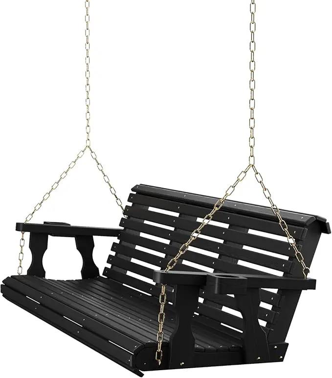 Amish Casual 6 Foot Roll Back Porch Swing with Cup Holders in Semi-Solid Black Stain - Amish Made in The USA from Treated Pine Heavy Duty 700 Lb. Weight Capacity by GreenHaven Gardens