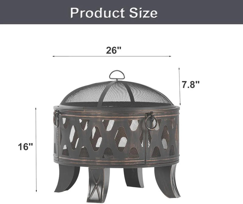 Breezz 26 Inch Wood Burning Fire Pit with Cooking Grill and Spark Screen, Outdoor Metal Round Firepit for Patio, Backyard, Bonfire Party, Camping and Garden by GreenHaven Gardens
