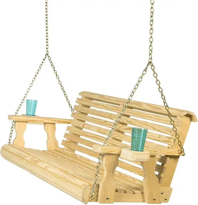Amish Casual 4 Foot Roll Back Porch Swing with Cup Holders in Unfinished - Amish Made in The USA from Treated Pine Heavy Duty 700 Lb. Weight Capacity by GreenHaven Gardens