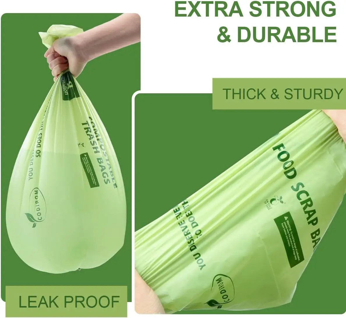 100% Compostable Trash Bags, 13 Gallon, 49.2 Liter, 0.91 Mils, 65 Count Kitchen Tall Food Scrap Compost Bags for Tall Kitchen Trash Cans with Europe EN13432 Certified by GreenHaven Gardens