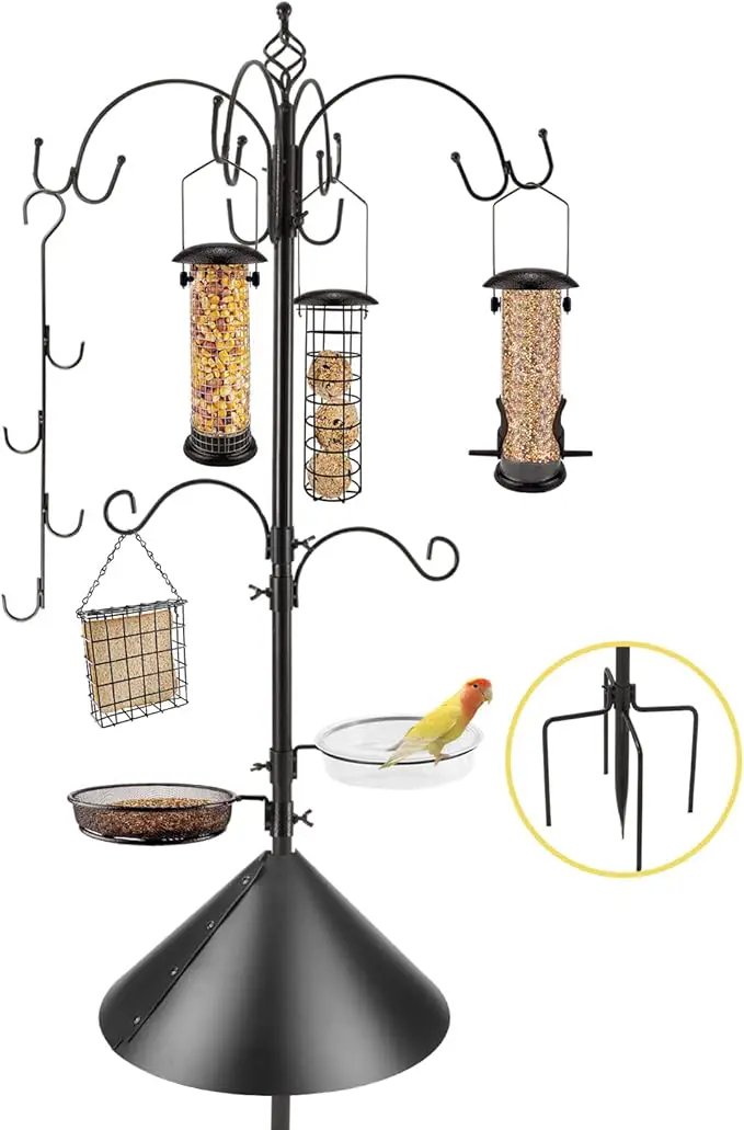 Deluxe Bird Feeding Station Kit Bird Feeder Pole with Squirrel Baffle, Suet Cage, Bath Tray for Planter Hanger - Wildlife-Friendly Design by GreenHaven Gardens