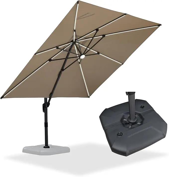 PURPLE LEAF 10 Feet Patio Umbrella with Base Outdoor Cantilever Solar Powered LED Square Umbrella Aluminum Offset Umbrella with 360-degree Rotation for Garden Deck Pool Patio, Beige by GreenHaven Gardens