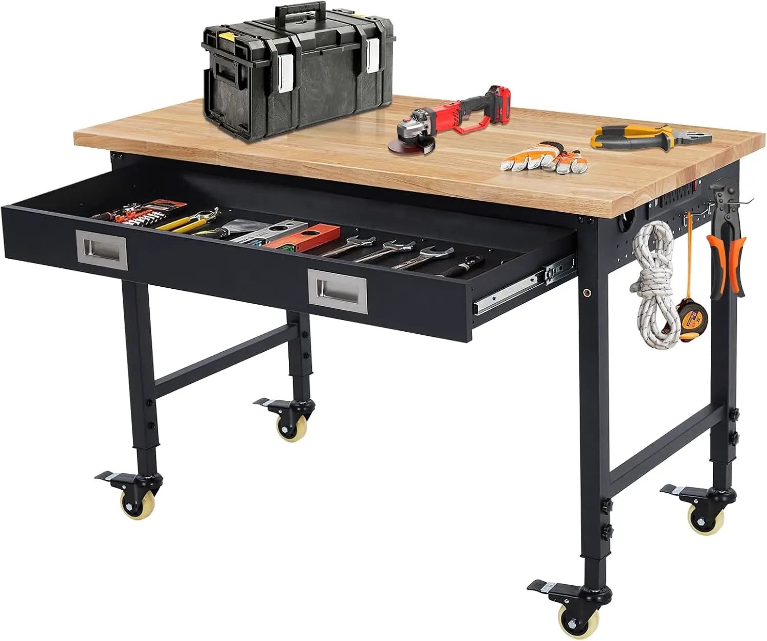 48'' Adjustable Workbench, Heavy Duty Workbench with Drawer, Power Outlet and Lockable Wheels, 2000 LBS Capacity, Work Table Suitable for Office, Garage, Workshop by GreenHaven Gardens