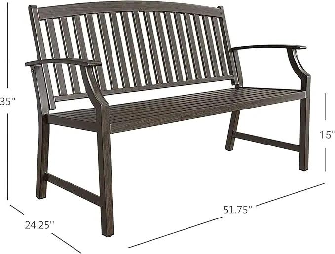Grand patio 52" Farmhouse Outdoor Bench, Garden Benches with Rust Free Metal Powder Coated Frame and Aluminum Backrest, Faux Wood Grain Finish Frame Patio Bench for Front Porch, Northwoods Brown by GreenHaven Gardens