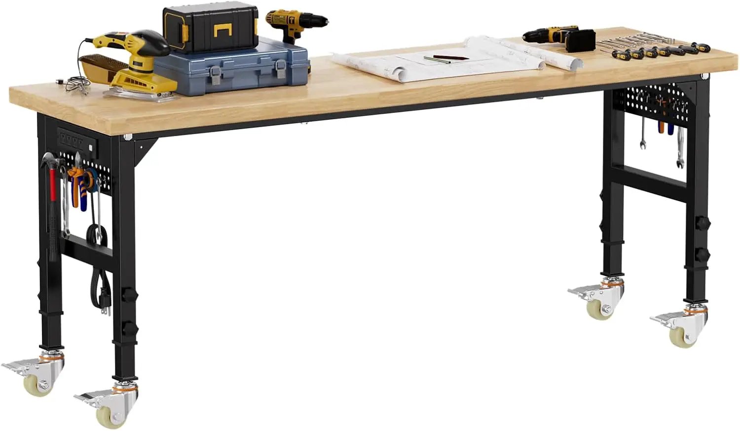 70'' Adjustable Workbench, Solid Wood Work Bench Table with Wheels and Power Outlet & Pegboard, Rolling Workbench Large Load Capacity Garage Workbench for Workshop,Office,Home by GreenHaven Gardens