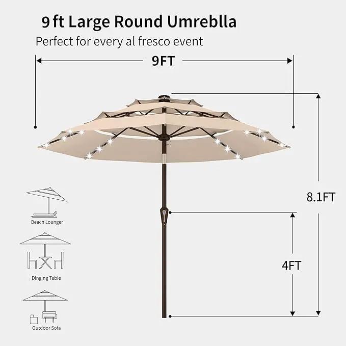 Kingdura 9ft 3-Tier Patio Umbrella with Solar Lights, Table Umbrella Outdoor Patio with Easy Crank & Tilt, 8 Sturdy Ribs, UV Protection, 32 LED Lights for Deck, Poolside, Market (Beige) by GreenHaven Gardens