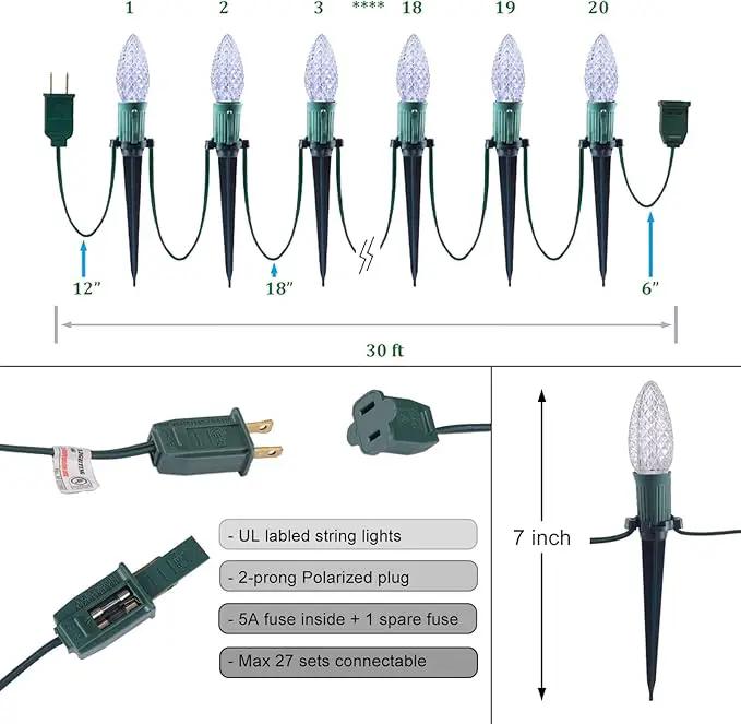 C9 Christmas Pathway Lights with Stakes,Cold White,2 Pack Total 60 Ft 40 Strawberry LED Bulbs,Connectable Shatterproof Outdoor Lights Marker for Xmas Yard Garden Path Lawn Walkway Sidewalk by GreenHaven Gardens