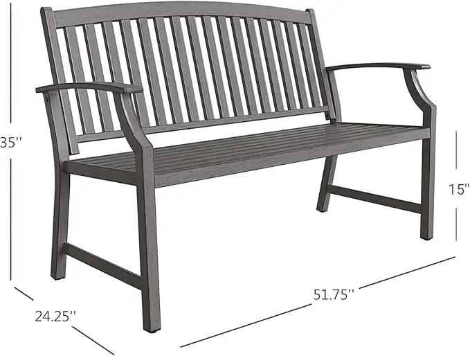 Grand patio 52" Farmhouse Outdoor Bench, Garden Benches with Rust Free Metal Powder Coated Frame and Aluminum Backrest, Faux Wood Grain Finish Frame Patio Bench for Front Porch, Weathered Grey by GreenHaven Gardens