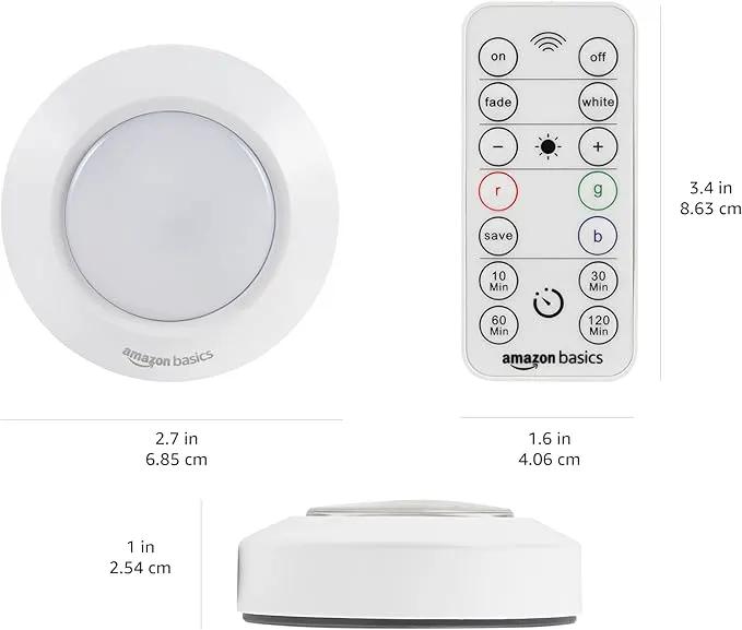 Amazon Basics LED Puck Lights, Color Changing, Battery Operated, IR Remote, 40 Lumens, 2 Pack, Wireless Stick on Lights, Under Cabinet Lighting, Ideal for Closets, and More, White by GreenHaven Gardens
