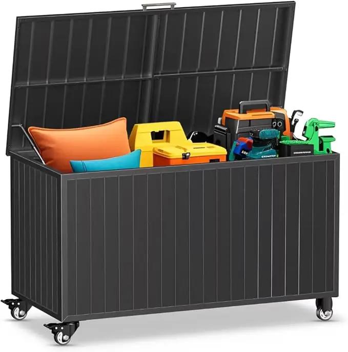 Outdoor Storage Box with Wheels 135 Gallon, Mobile Waterproof Aluminum Deck Box, UV Resistant Patio Storage Box with Lid for Patio Furniture, Garden Tools (Black) by GreenHaven Gardens