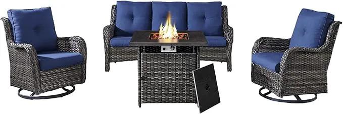 Outdoor Patio Furniture Set with 50000BTU Propane Fire Pit Table, 4 Pieces Wicker Patio Conversation Set with 2 Swivel Rocker Glider Chairs Rattan Sofa Blue Cushion Perfect for Gathering by GreenHaven Gardens