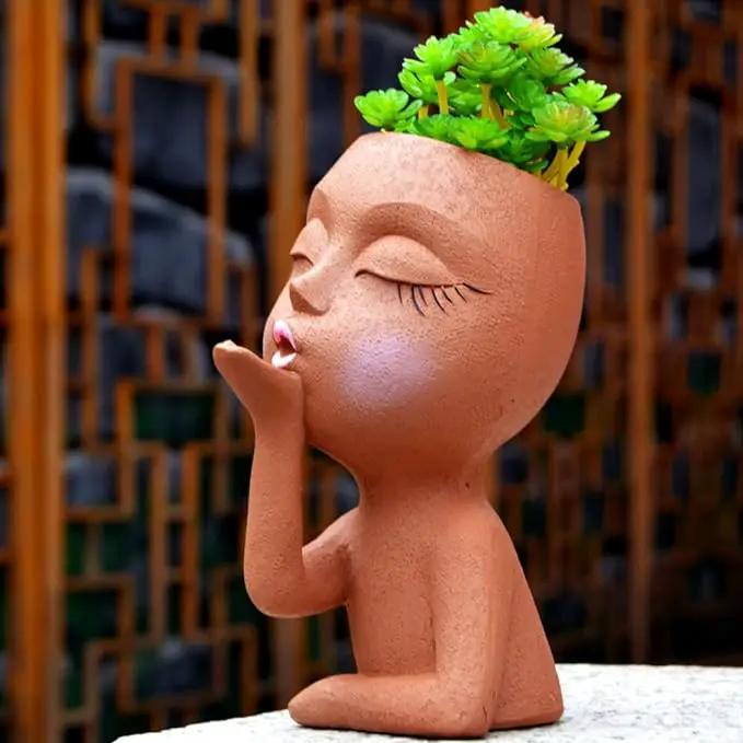 Face Planter, Head Planter, Women Faces Flower Pots, Plant Pots, Small Kissing Succulent Pots for Indoor Outdoor Plants, Cute Vase Home Decor, Brown by GreenHaven Gardens