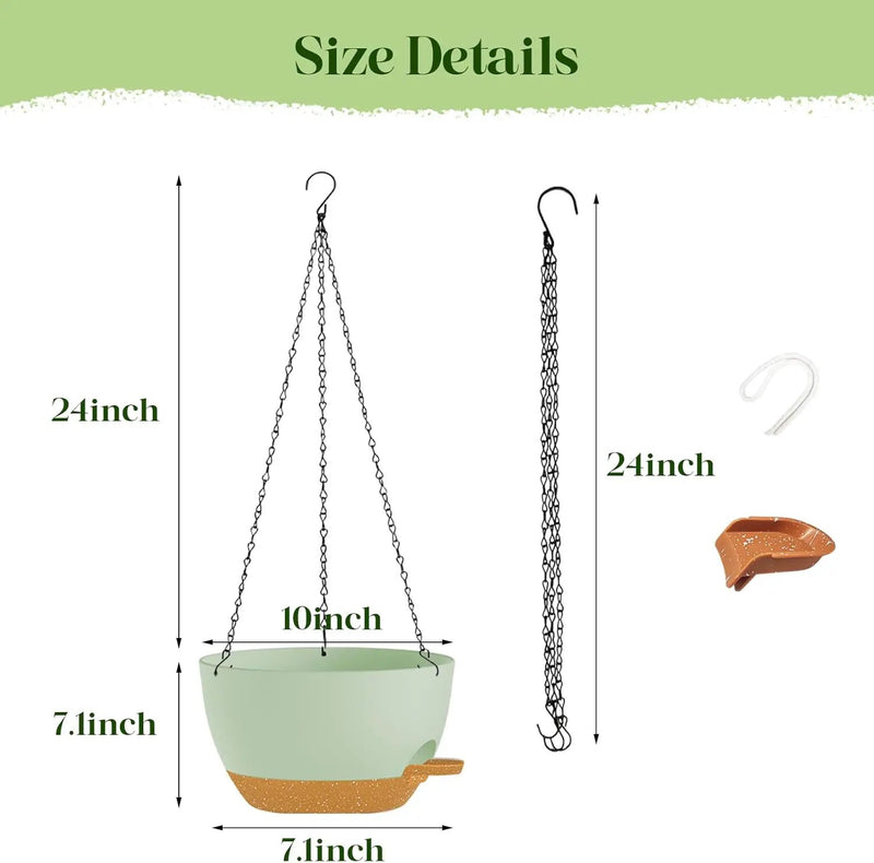 10 Inch Hanging Planters with Chains 2 Pack Self Watering Green Brown Plastic Hanging Pots for Indoor Outdoor Plants, Garden Porch Home Decor (Green Brown) by GreenHaven Gardens