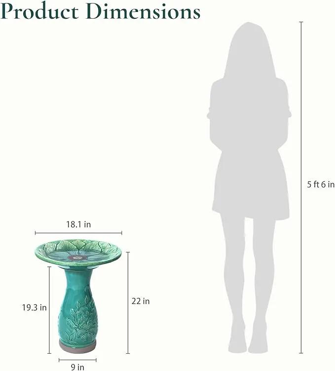 LuxenHome 23 Inch Ceramic Bird Bath for Outside, Elegant Tall Outdoor Bird Bath, Lightweight Pedestal Glazed Birdbaths for Outdoors with Floral Embossed Design, Jade Green by GreenHaven Gardens