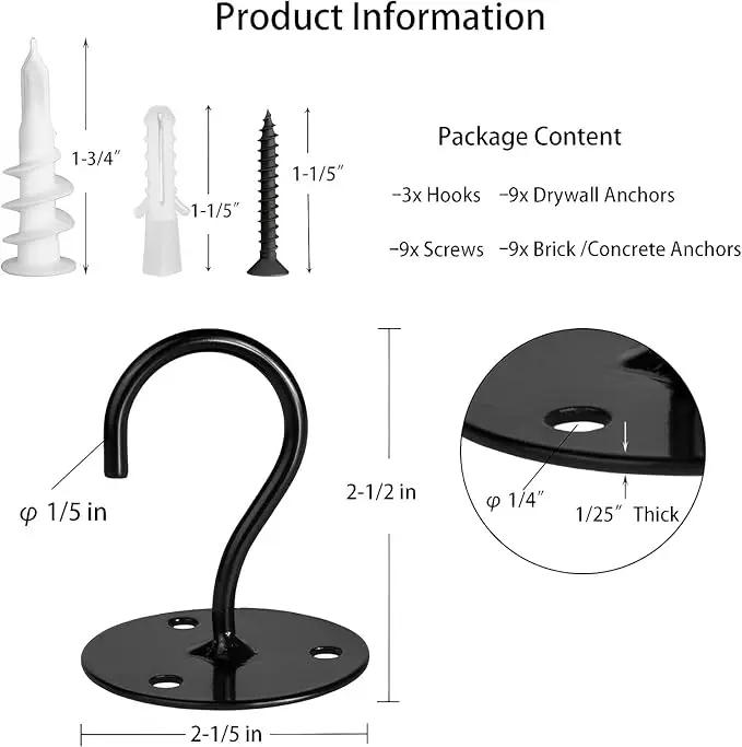 Ceiling Hooks for Hanging Plants-Heavy Duty Wall Mount Hanger Bracket for Hanging Bird Feeders, Lanterns, Wind Chimes, Planters, Outdoor Decoration (3 Pack) (Black) by GreenHaven Gardens