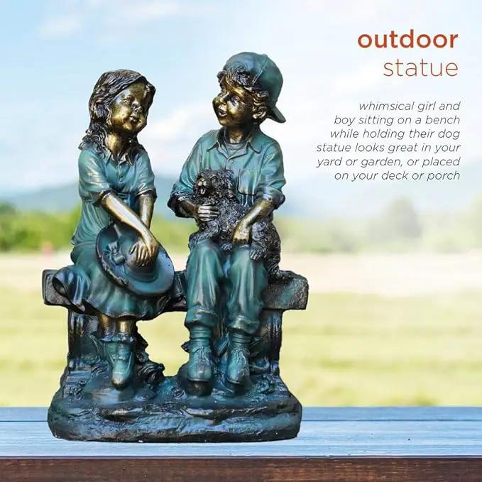 Alpine Corporation 16" Tall Indoor/Outdoor Girl and Boy Sitting on Bench with Puppy Statue Yard Art Decoration by GreenHaven Gardens