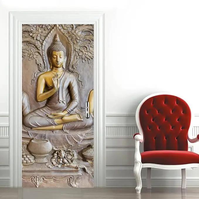 3D Door Stickers - Buddha Statue Murals - Peel & Stick Wallpaper - Self-Adhesive Decals - Removable PVC Waterproof Door Poster - 37.4" x 82.7" for Bedroom & Living Room by GreenHaven Gardens