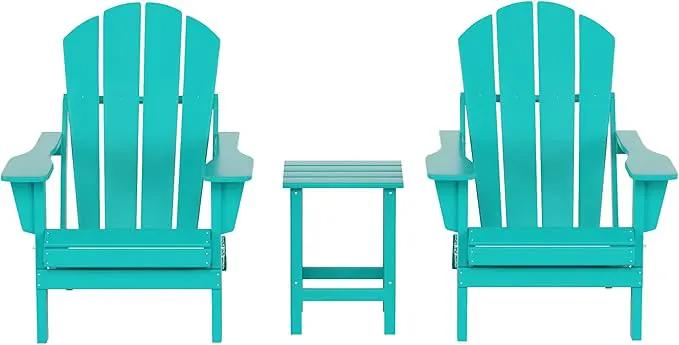 WO Home Furniture Adirondack Chairs Table Set of 3 PCS Outdoor Folding Chairs Side End Table Weather/UV Resistant for Lawn, Garden, Bon Fire, Balcony (Turquoise) by GreenHaven Gardens