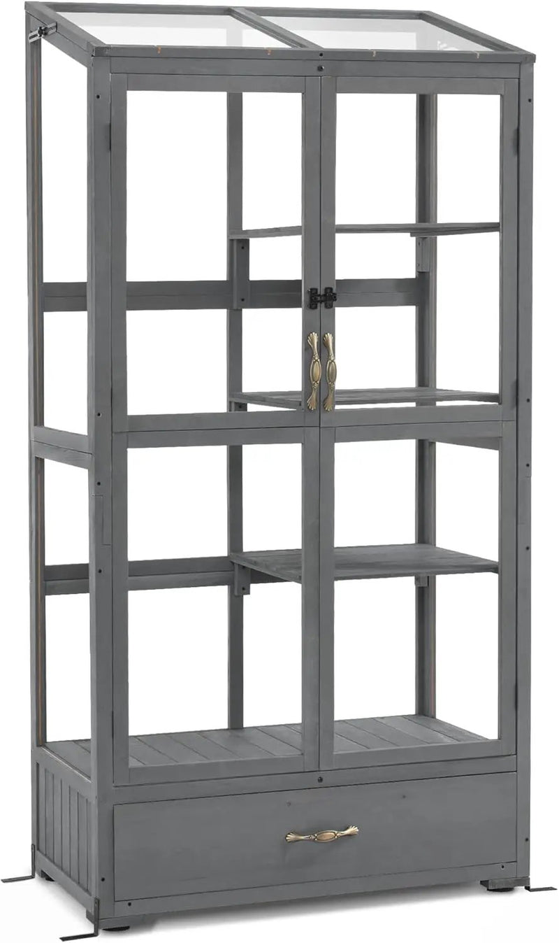 Macrout Cold Frame Greenhouse, Tall Wooden Greenhouse for Outdoor Indoor Use with Polycarbonate Panels, 3 Tier Garden Cold Frame with Drawer and Shelves, 0864 (Dark Grey) by GreenHaven Gardens